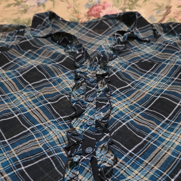 Blue Plaid Ruffle Button-Front Top - Picture 2 of 8